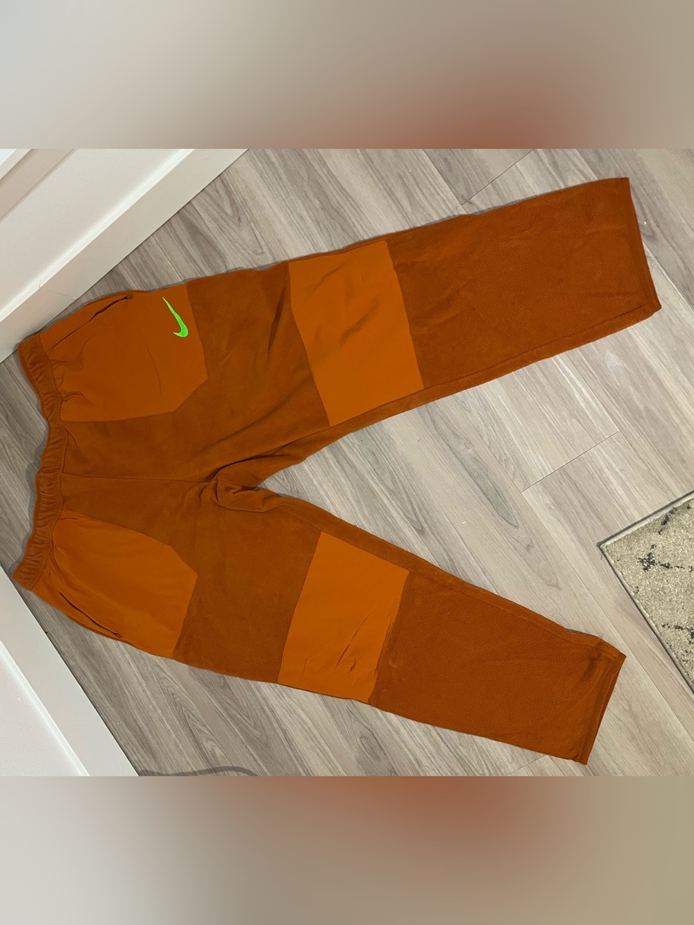 Nike Men’s Rust Orange Soft Sweatpants with Neon Green Swoosh